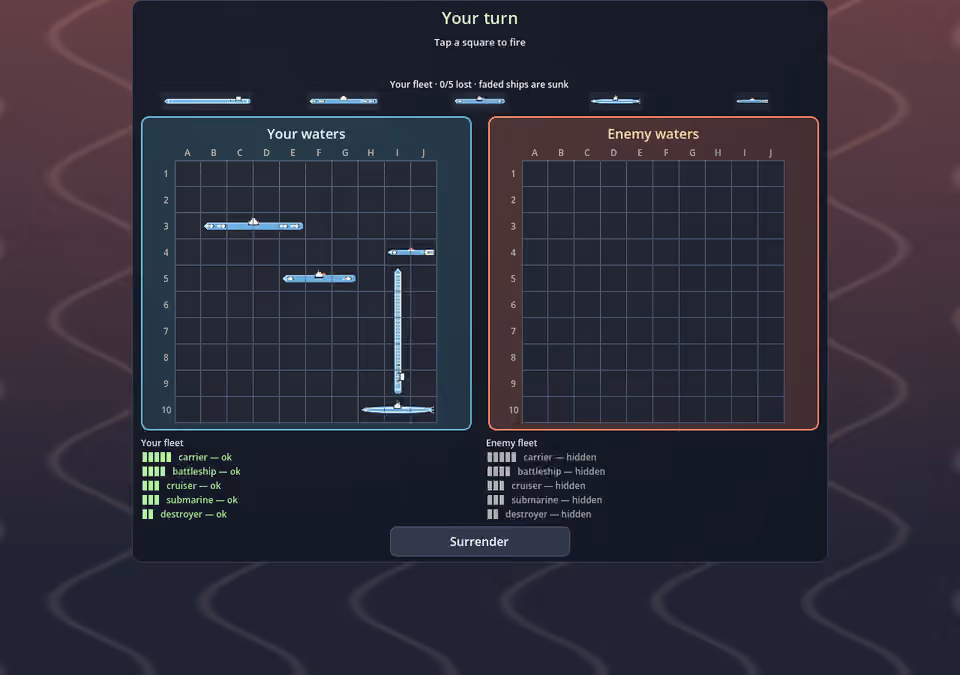 Battleship combat screen with the player's ships on the left and an unrevealed enemy board on the right