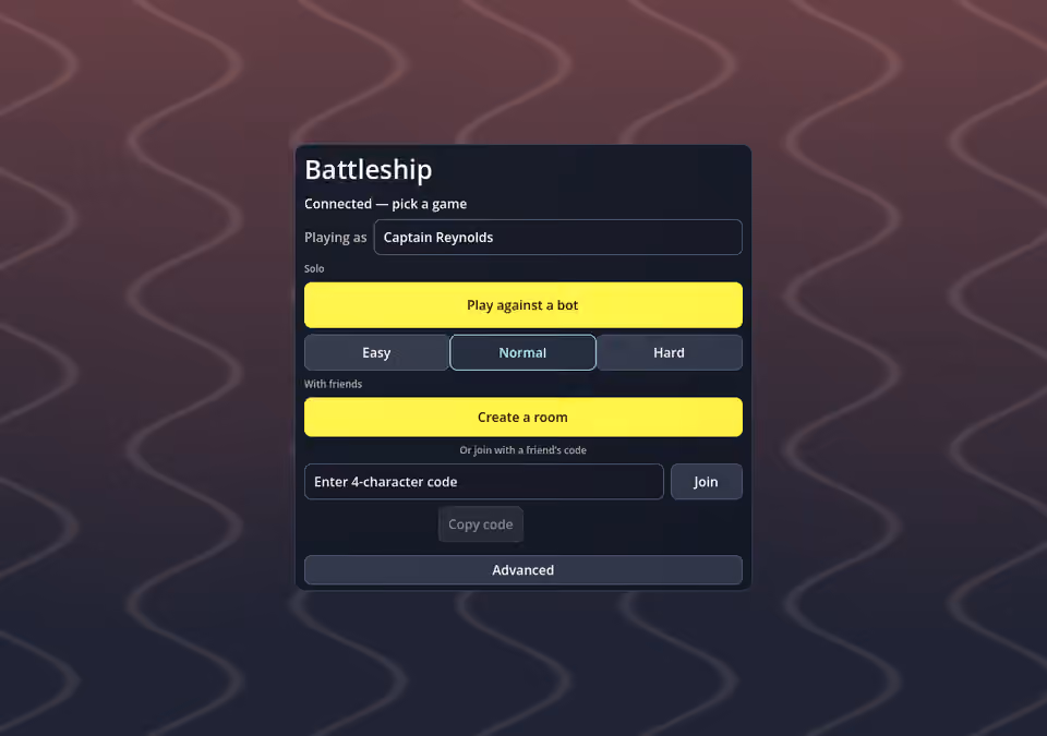 Battleship lobby with bot difficulty choices and create-room and join-by-code controls