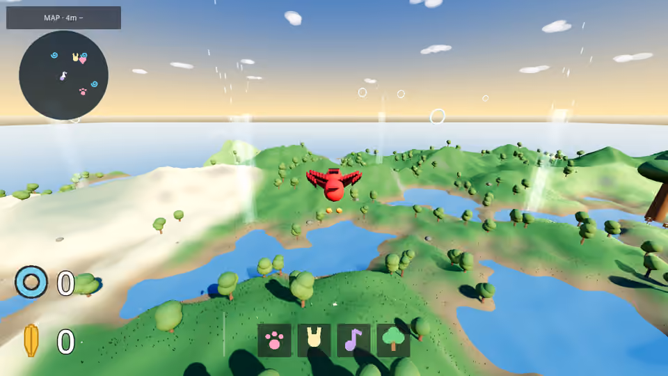 Red owl flying above lakes and grassy hills with a discovery map and picture-based activity buttons