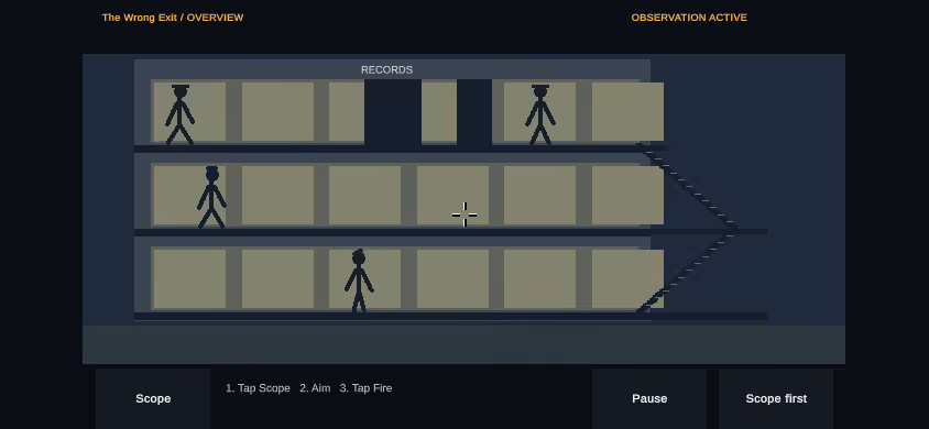 The Wrong Exit office scene with three floors, service stairs and separate Scope, Pause and Fire controls