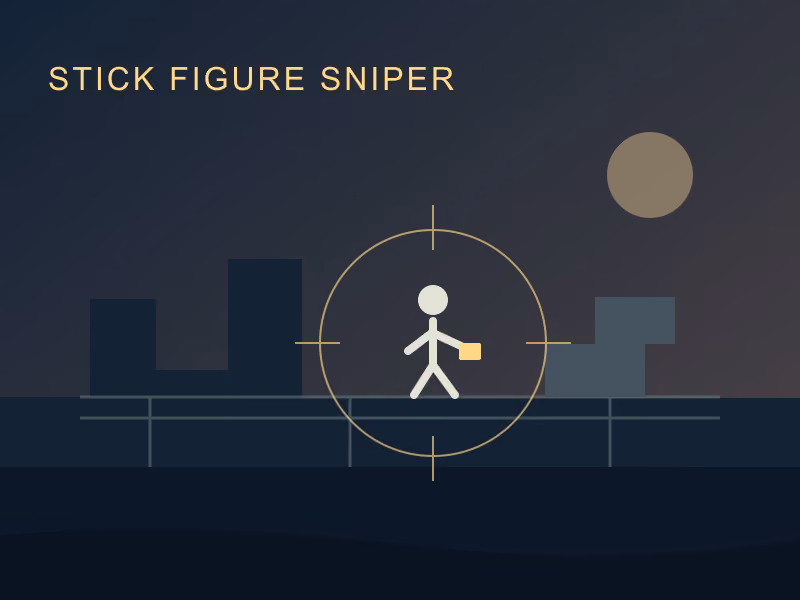 Stick Figure Sniper cover with a dockside silhouette framed by a scope reticle